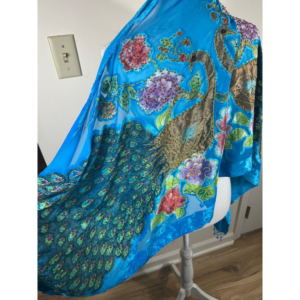 VTG Y2K Peacock Burnout Velvet Shawl Wrap Turquoise Embroidered Beaded Fringe
